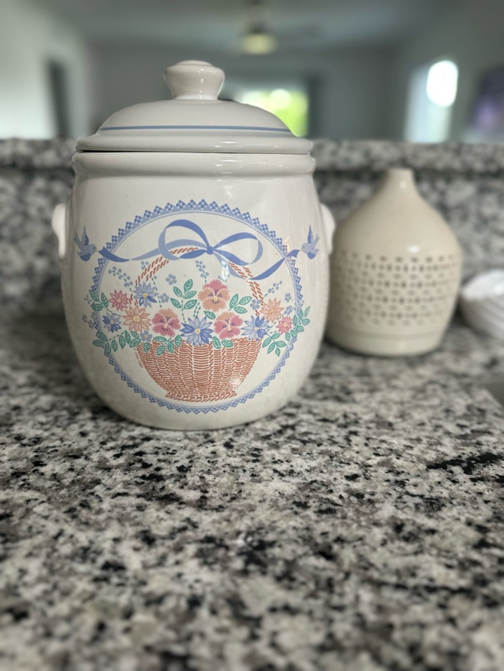 Vintage Ceramic Cookie Jar with Floral Basket Design in Pastel Colors